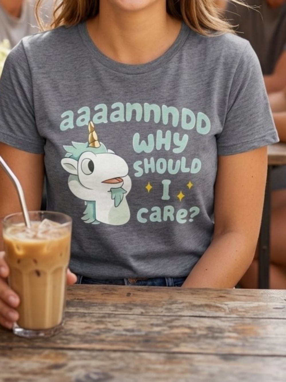 Women’s Gray Bluey Themed Unicorse Graphic Stretchy Tee - And Why Should I Care?